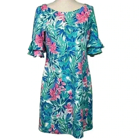 Pappagallo Tropical Floral Ruffle Sleeve Dress Size Medium - Picture 2 of 13